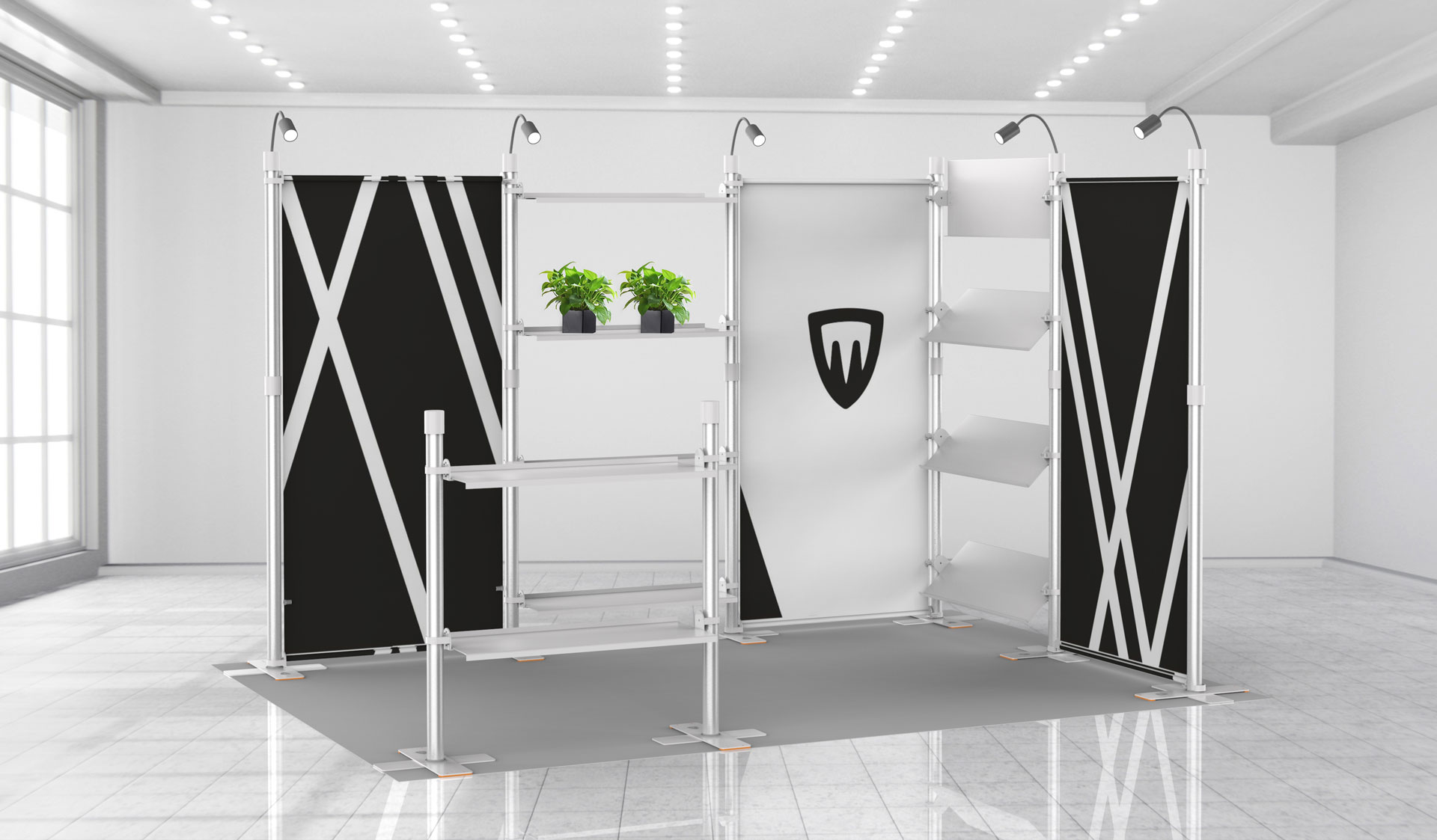 exhibition stand with shelves and display niches