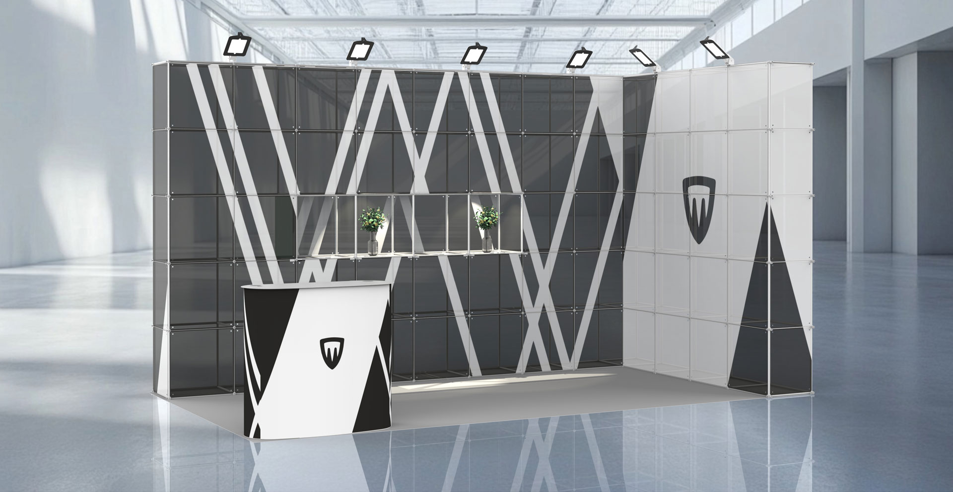 Exhibition stand with shelves and exhibition niches